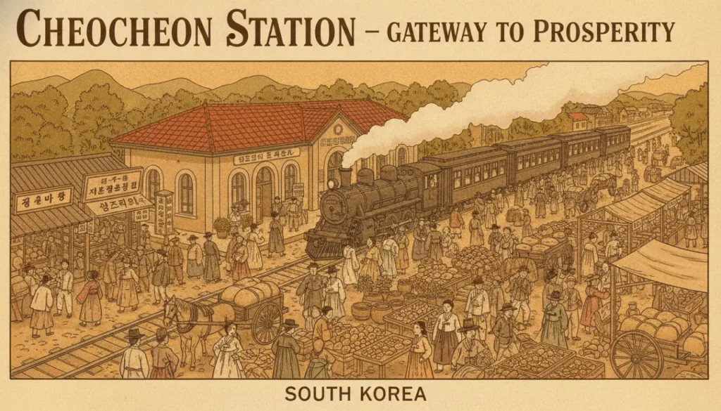 1900년대 초 천안역과 활기 넘치는 역전시장의 모습. 